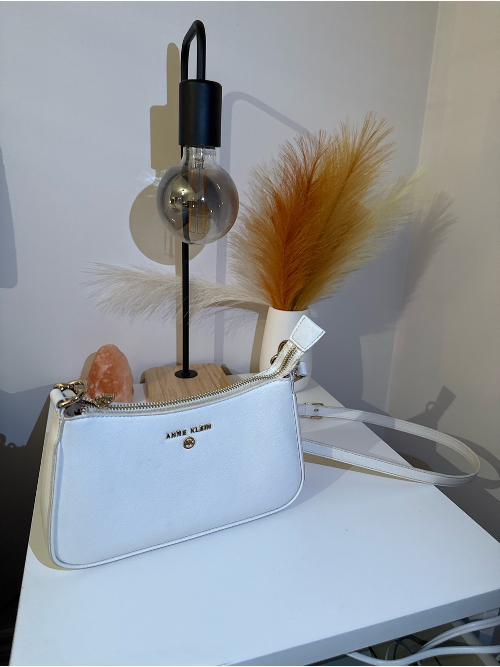 Anne Klein White Leather Crossbody Bag with Gold Hardware